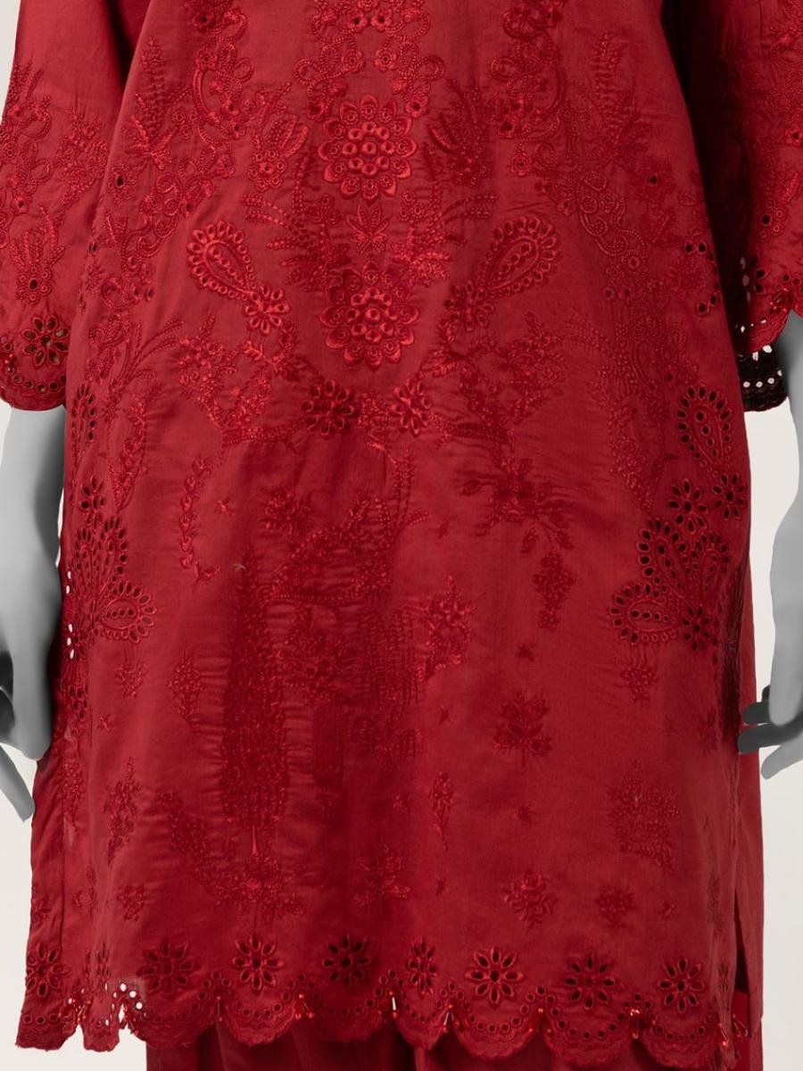 red lawn schiffli stitched 3pc