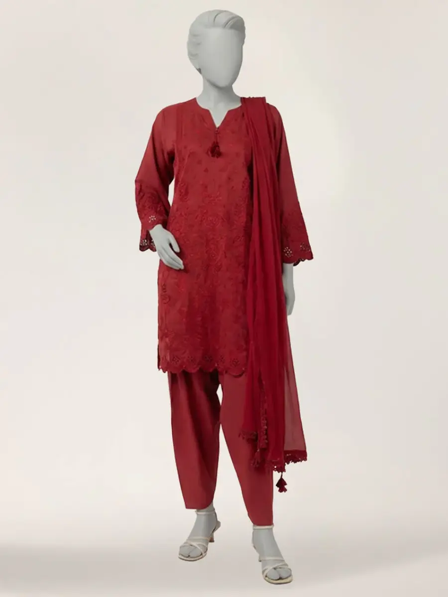 red lawn schiffli stitched 3pc